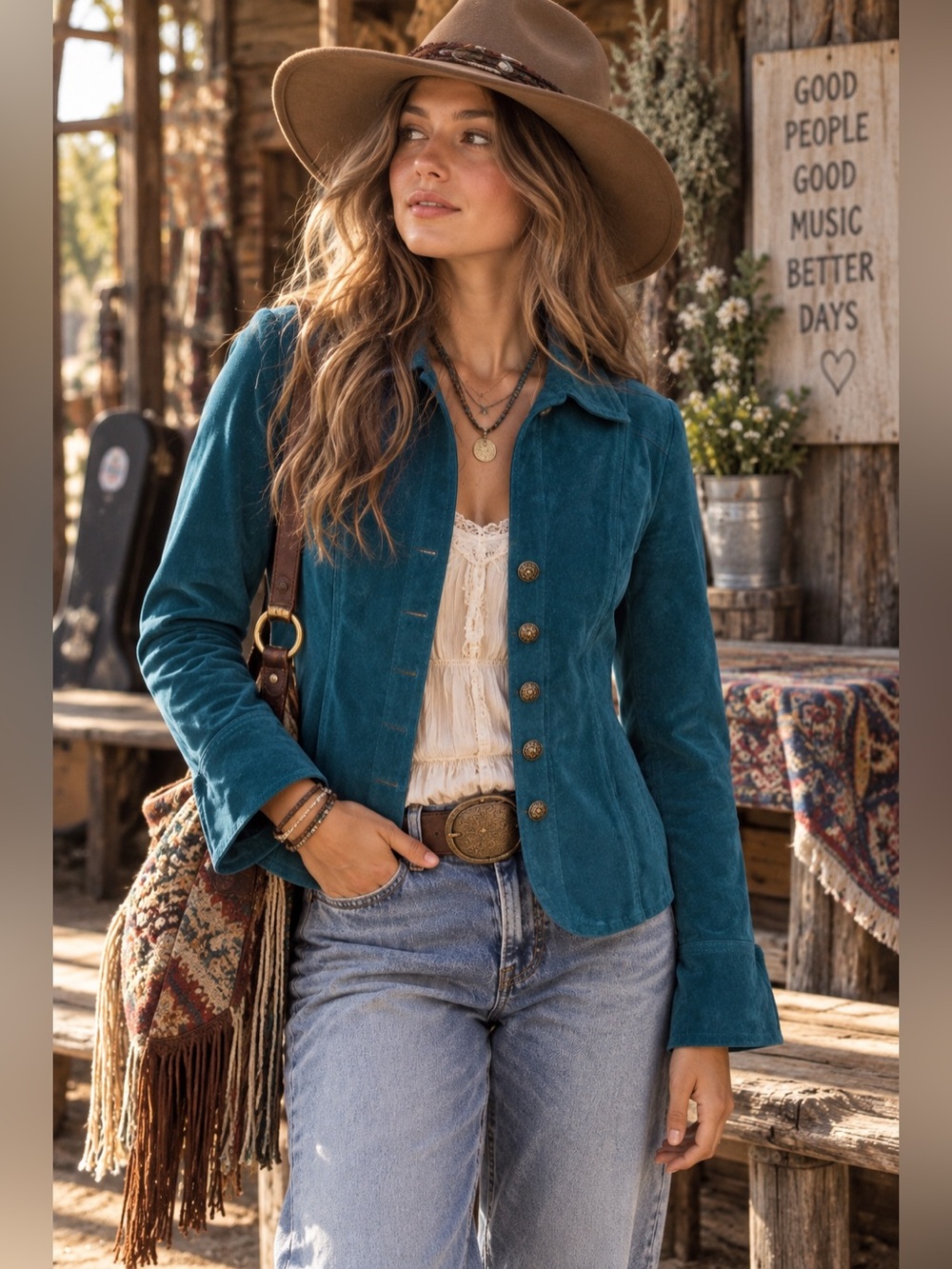 VTG Y2K 90’s Dark Teal Suede Leather Snap-up Front Western Boho Blazer Size S/M